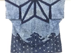 アンティーク　手織り木綿本藍絞り麻の葉模様単衣着物